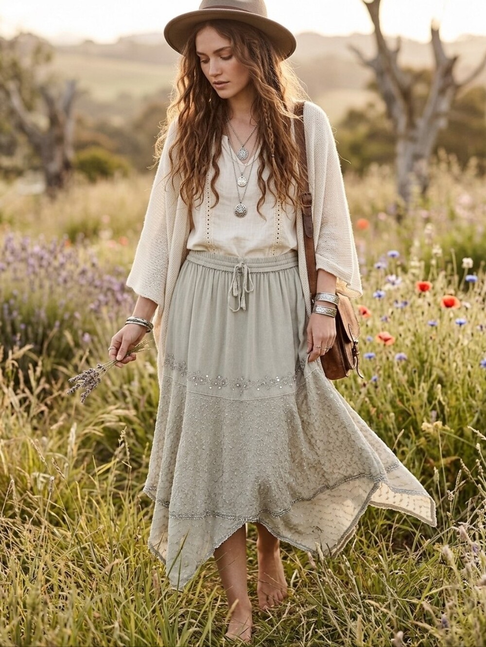101. 100% Rayon Whimsical Boho Skirt With Embroidered Details, Elastic Waist